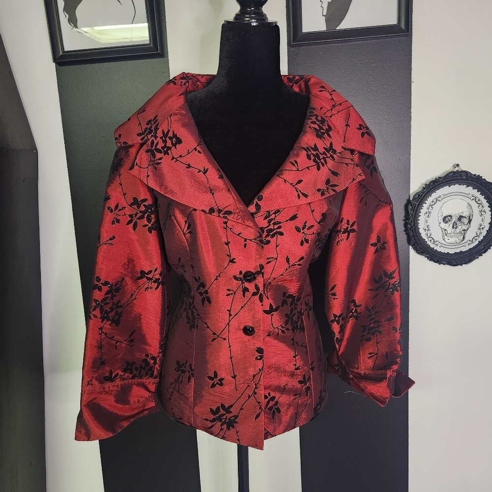 Red Floral Jacket with Black Accents
